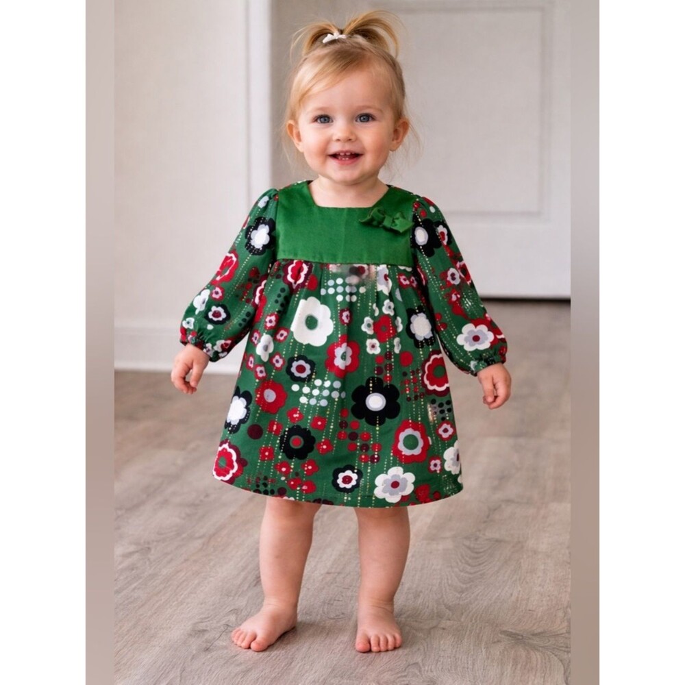 The Children’s Place Baby Girl 18M Green Red Floral Christmas Holiday Dress